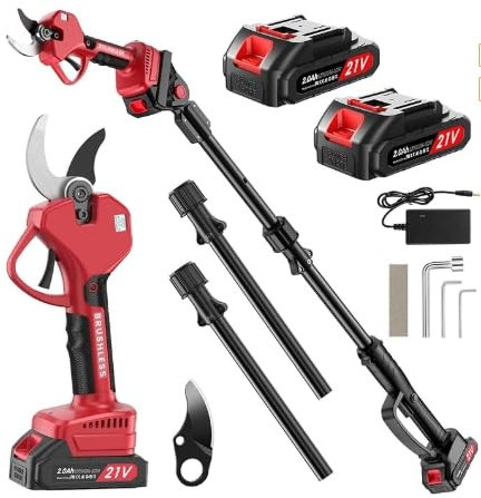 Tijeras de Podar Eléctricas 50mm con Pértiga, 2 EN 1 Tijeras de Podar Baterías con Hoja SK7, Alcance de 2,5m, 21V 1000W Motor Sin Escobillas, 2 * 2000mAh Baterías, 6-10 Horas, Jardinería y Poda