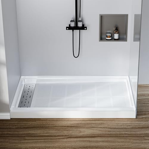 48'' L x 32'' W x 4'' H Non-Slip Shower Base,Left Drain Shower Tray with Drain Pipe and 304 Stainless Steel Rectangular Drain Cover, White Shower Pan for Bathrooms