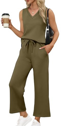 Zweiteiler Damen Ärmellose/Kurzarm Hosen Mit Weites Bein Hosenanzug 2 Teilig Leicht Tshirt Und Hose Elegant Sommeranzug Casual Sommer Outfits Bequem Jogginganzug Business Anzug(Army Green,L)