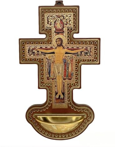 6.5 Inch San Damiano Crucifix with Holy Water Font – Catholic Wall Fountain for Home or Church Gift
