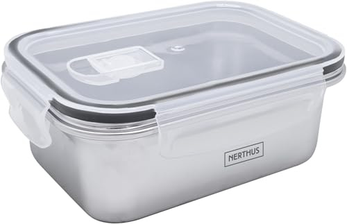 Nerthus FIH 1515 Recipiente hermético rectangular de acero inoxidable, libre de BPA, apto para microondas y congelador, ideal para almacenar y transportar alimentos