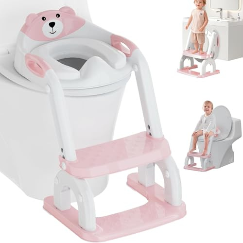 Oskuglin Adaptador WC Niños con Escalera, Plegable, Rosa | Asiento 2 en 1 con peldaño ajustable en 8 posiciones, base antideslizante y protector contra salpicaduras; de 1 a 6 años