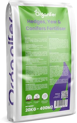 Fertilizante Para Setos, Tejos Y Coníferas - Todo En Uno - 20 Kg Por 400 M² - Pellets Para Un Crecimiento Denso Y Verde, Raíces Fuertes Y Resiliencia - Para Setos Sanos - Organifer