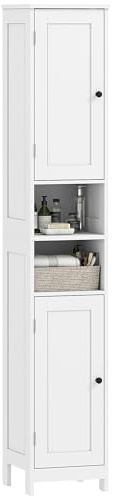 HOMCOM Mobile Bagno a Colonna con 2 Armadietti e 2 Ripiani Aperti, Mobiletto Bagno Salvaspazio con Ripiani Regolabili per Sala da Pranzo Soggiorno, 30x30x170 cm, Bianco