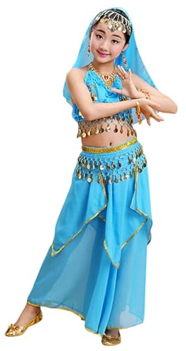 Robe de Danse du Ventre pour Fille sans Manches Déguisement Indienne Costume Orientale Sequin Lamé Léger avec Ceinture de Hanche Tenue de Spectacle Enfant pour Gala Anniversaire