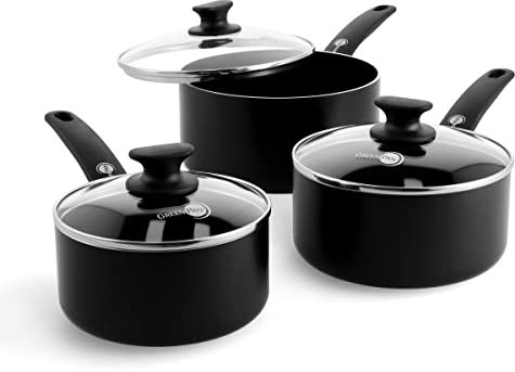 GreenPan Cambridge Batterie de Casseroles Antiadhésives en Céramique Sain, 16cm/1.5L, 18cm/2.1L et 20cm/3.1 L casseroles avec couvercles, Sans PFAS, L'induction, Au four et au lave-vaisselle, Noir