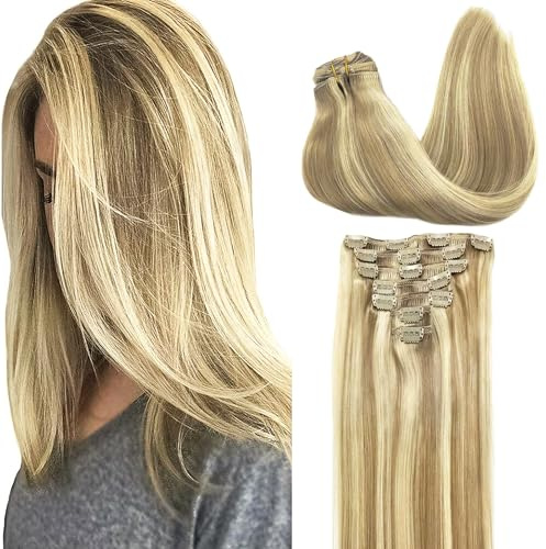 GOO GOO Clip in Human Hair Extensions, 20inch 120g 7pcs, Hair Extensions Clip in, 16/22A Light Highlight Golden Blonde