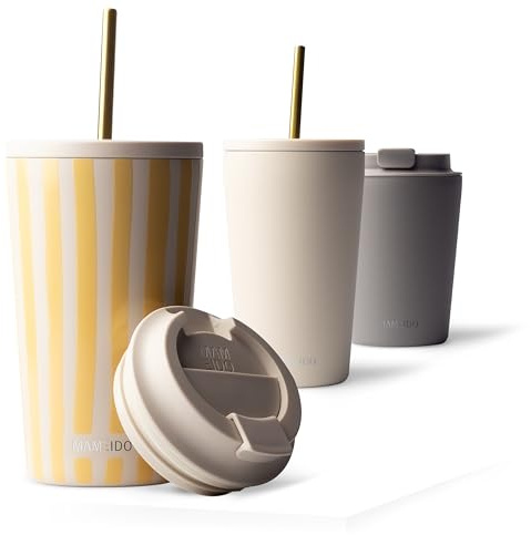 MAMEIDO Thermobecher mit Strohhalm 470 ml, Trinkbecher mit Deckel und Strohhalm aus Edelstahl doppelwandig isoliert, auslaufsicher, Coffee to go Becher (Sun Kissed)