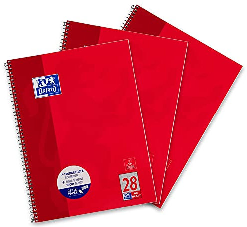 Oxford Collegeblock A4 kariert, 80 Blatt, gelocht, rot, 3 Stück