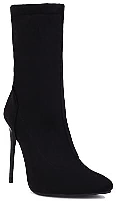 Syntetisk mode prickad tå stilett slip-on hög klack med 12 cm fotled kvällsfest stövlar för kvinnor stor storlek 35–46 t88292, Svart 2, 44 EU