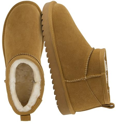 CUSHIONAIRE Hip 2 Genuine Suede Ankle Boots for Women, Cozy Faux Shearling Lining Pull On Winter Womens Boots, CHESTNUT 6