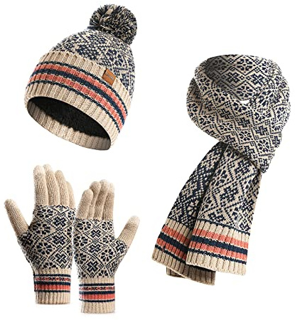 LumiSyne Invernali 3 Pezzo Cappello Sciarpa Guanti Per Donna Berretto Beanie Sciarpa Lunga Guanti Touch Screen Jacquard Lavorato a Maglia Modello Di Fiocco Di Neve Calda Morbido Spessa Fodera In Pile