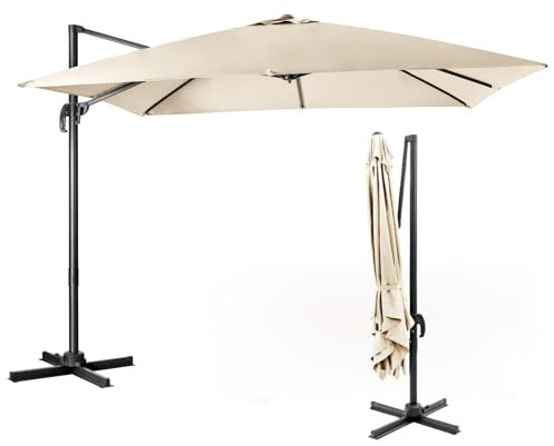 COSTWAY Ombrellone da Giardino, 300 x 300 cm, Ombrellone da Esterno con 3 Inclinazioni, Rotazione a 360°, Manovella, 8 Stecche, Base Incrociata (Beige)
