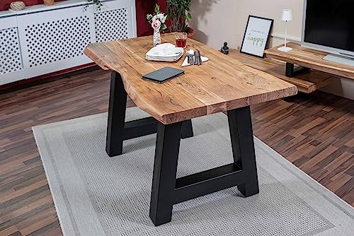 SAM Esstisch 140 x 80 cm Cali, Baumkantentisch naturfarben, Akazienholz massiv, A-Gestell aus Metall Schwarz, aufgedoppelte Kanten 25+25 mm