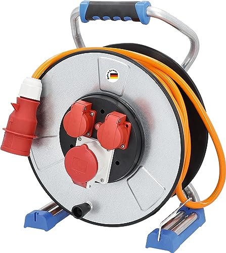 as - Schwabe Xperts Doppelrohr Metallkabeltrommel 40m, Schutzisolierung, 5-pol CEE Stecker 400V, 2 Schutzkontaktsteckdosen, 1 CEE-Steckdose 5-polig, 400V 16A, Klappdeckel, IP44, Made in Germany, 23994