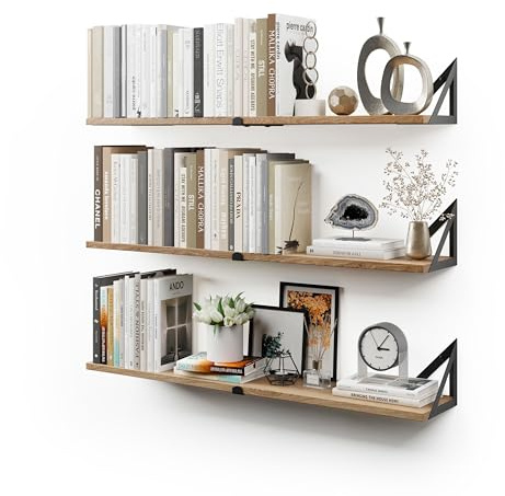 CASSA NOKO Wall Mounted Floating Book Shelves for Wall Set of 3, Shelf Bookshelf for Bedroom Living Room Office Bathroom Kitchen Rustic Wood with Metal Bracket (Natural Large)