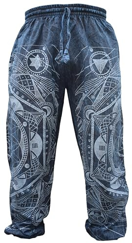 Gheri Mens Stone Washed Boho Print Harem Trousers Elastic Waist Beach Pants