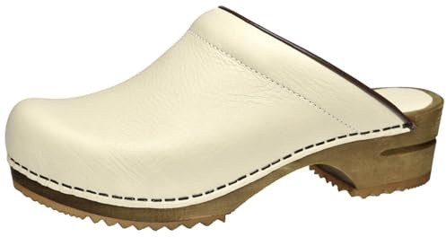 Sanita Chrissy offener Clog | Original handgemacht | Leder-Holzclogs für Damen | Nachhaltige Sohle | Weiß | 38 EU