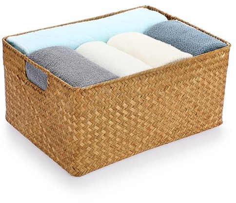 IGNPION Canasta de almacenamiento abierta para sala de estar, cestas decorativas de mimbre tejido, cesta rectangular de almacenamiento para baño, estantes y escritorios, cesta de almacenamiento