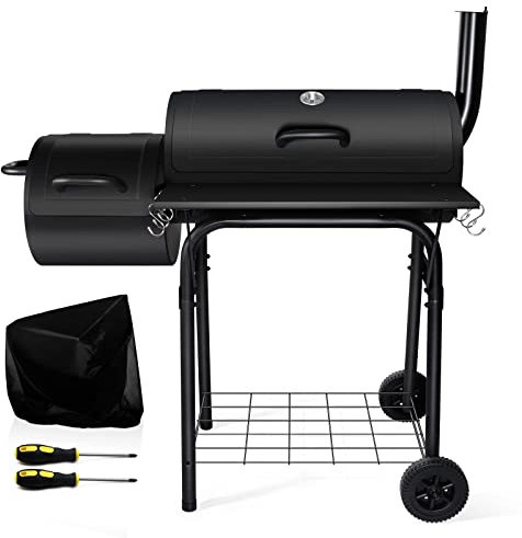 Leonyo Holzkohlegrill mit Smoker, 35,6 cm breiter Holzkohlegrill mit versetztem Smoker für Hinterhof-Party-Kochen, 438 m², Grillfläche, Schwarz