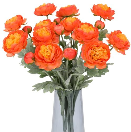 Hawesome 6pcs Peonies Artificial Flowers 18Heads Artificial Autumn Flowers Silk Flowers Fake Peonies Ranunculus Bouquets with Stems for Table Centerpiece Wedding Home Orange Autumn Decoration