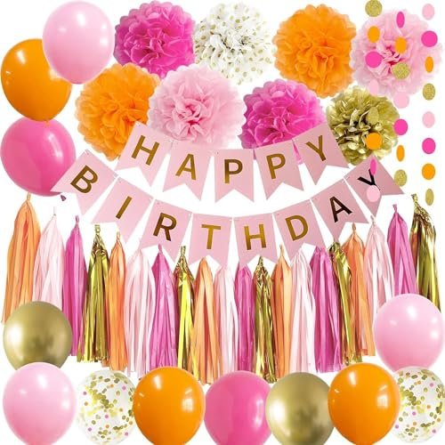 Acidea Geburtstagsdeko Rosa Orange, Deko Geburtstag Hot Pink und Orange, Hellrosa Orange Hot Pink Gold Ballons Dekor, Happy Birthday Banner, Pompons für Männer Frauen Geburtstag Deko