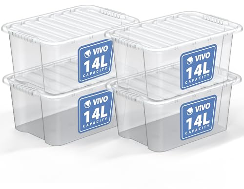 14L Storage Box with Lid, Clear Transparent Plastic Storage Box, Super Strong Stackable Storage Boxes, Multipurpose Useful Organizer for Home, Office, Kitchen & Accessories (Pack of 4)