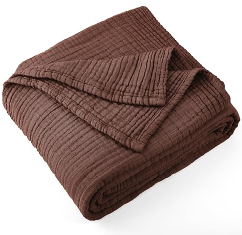 Carriediosa 100% Cotton Muslin Throw Blanket 108 X 90 King Size，4-Layers Summer Gauze Throws for Bed Couch，Soft Lightweight Breathable Linen Blankets Bedspread for Adults All Season，Dark Brown