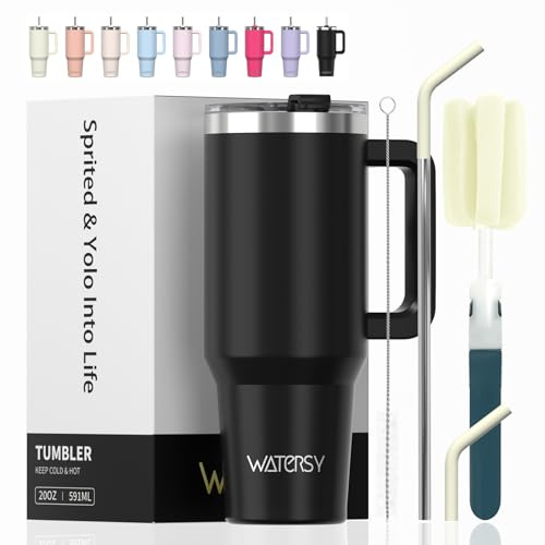 WATERSY 20oz Thermal Tumbler with Straw, Stainless Steel Thermal Cup, Thermos Coffee Lid, 20oz Black Coffee Mug with Handle for Hot and Cold, Travel Mug for Gym, Travel
