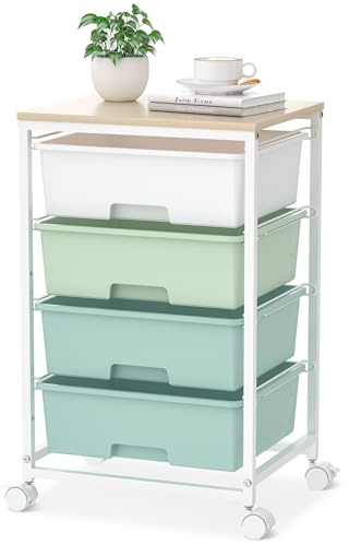 SYKIARIOL Storage Trolley with Drawers, 4 Drawers Storage Unit Organizer Cart, Rolling Cart on Wheels,4 Drawer Trolley, Craft Storage Drawers for Home Office Beauty, Green