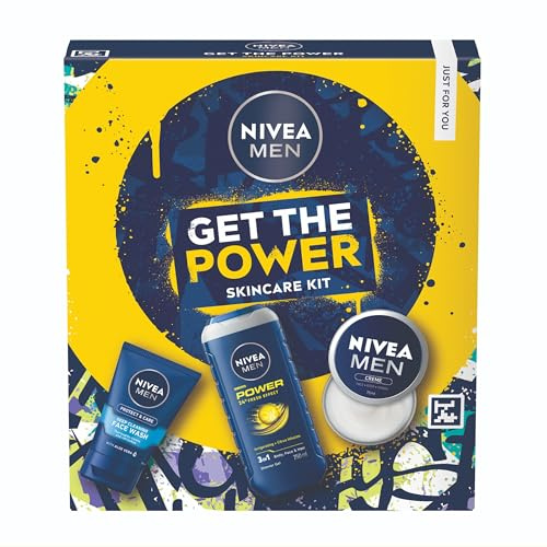 NIVEA MEN Get The Power Gift Set (3 Products) - Men's Skincare Including Shower Gel, Face Wash, and Moisturizing Cream, Perfect to Keep Him Fresh, Protected, and Hydrated