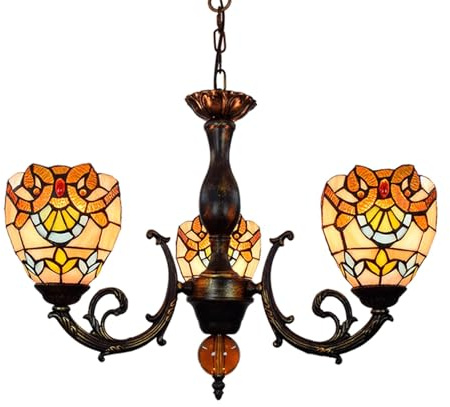 Lámpara de araña de cristal de colores Tiffany, 3 cabezas, 6 pulgadas, luz de techo, estilo barroco vintage amarillo, lámpara colgante for comedor, sala de estar, dormitorio, restaurante, pasillo.