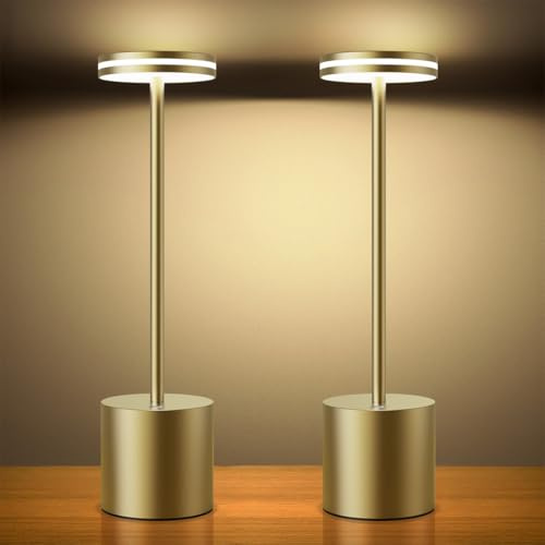 Hapfish Lampada da Tavolo Ricaricabile LED, 5000mAh da Comodino 2 Pezzi Senza Fili USB, Luce a Batteria Dimmerabile, 3 Modalità di Colore, per Scrivania Esterno Tavola Ristorante, Alluminio, Marrone