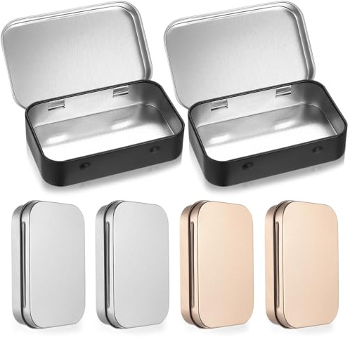 6 Pcs Small Tin Box, Rectangular Tin Boxes with Lids, Portable Empty Hinged Lid Tins Containers, Metal Storage Boxes for Candy Key Jewelry Earrings Storage(Gold, Silver, Black, 9.5 x 6 x 2.2cm)