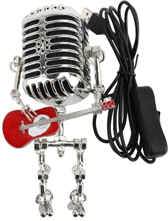 HUSHUI Lampe de Table de Robot de Guitare Microphone Vintage, Lumière Nocturne de Robot Métallique Rétro en Aluminium avec Faisceau focalisé pour le Bureau de la Chambre à Coucher (Rouge)