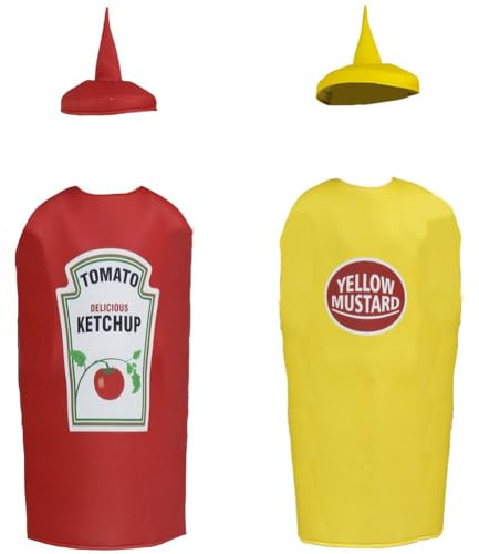 Vobumix Costume De Couple Ketchup/Moutarde pour Enfants, 2 Pièces, Bouteille De Condiment Amusante, Déguisement De Cosplay avec Chapeau pour Fête Cosplay