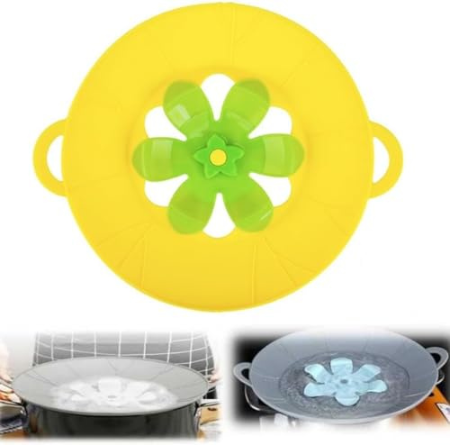 Silicone Spill Stopper Lids, Multifunction Splatter Covers, Reusable Lids with Flower Vent, Universal Pot Covers, Boil-Over Protectors, Safe for Microwave, Oven, Stovetop, Dishwasher (Yellow, Ф26cm)