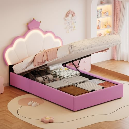 Besbed Single Bed Frame, 3ft Kids Ottoman Bed with Hydraulic Storage, Upholstered Bed with LED-Lighting, Crown-Shaped Headboard for Girls, Pink, 90x190 cm (No Mattress)