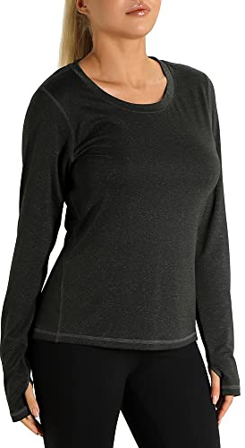 icyzone Maglietta da Donna da Corsa Maniche Lunghe Sportiva con Fibbia per Pollice Elastico T-Shirt per Yoga Fitness Palestra (M,Nero)