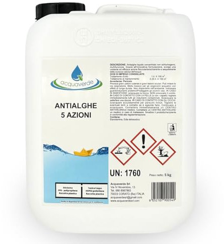 acquaverde | Antialghe 5 Azioni Liquido, Multifunzione non Schiumogeno, Trattamento Acqua di Piscina con effetto Alghicida, Inglobante, Flocculante, Azzurrante e Anticalcare, 5 kg