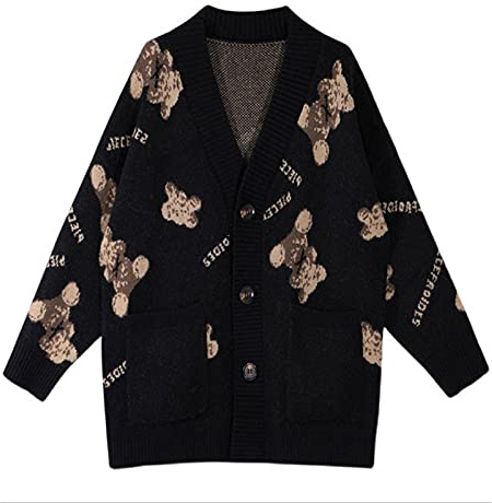 JASCLS Maglione da donna a maniche lunghe con stampa orso, cardigan lavorato a maglia con apertura frontale, cardigan voluminoso