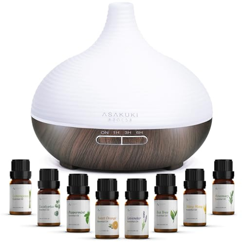 ASAKUKI 300ml Aroma Diffuser mit 8 * 10ml Ätherische Öle Set, Ultraschall Luftbefeuchter Diffusor, 14 Farben LED, 23dB Cool Mist Raumbefeuchter, Yoga, SPA, Zuhause Schwarz