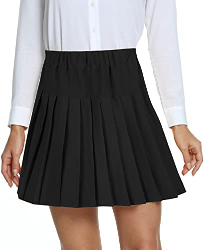 EXCHIC Femmes L'école Style A Ligne Elasticité Taille Haute Mini Plissée Jupe Plaid Ecossaise Kilt avec Pantalons(M, Noir)