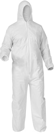 Coverall White Disposable With Hood - Five Pack, Breathable Fabric, Elasticated Openings, Protection from Dirt, Grease and Dust (Large)