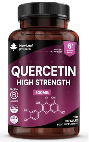 Quercetin 500mg High Strength Antioxidant Supplements (6 Months Supply) 180 Vegan Pure Quercetin Capsules Easy to Swallow - One A Day - Gluten Free & Non-GMO, Made in UK by New Leaf