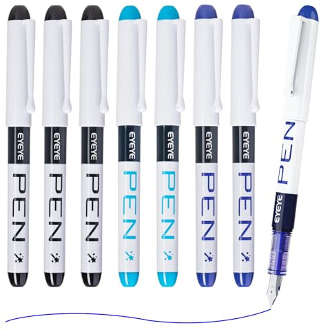EYEYE Lot de 8 Stylos Plume Jetables - Pointe Fine F - 3 Noirs, 3 Bleus Affaires, 2 Bleus Pâles - Écriture Lisse pour Bureau, Études et Prise de Notes Quotidienne