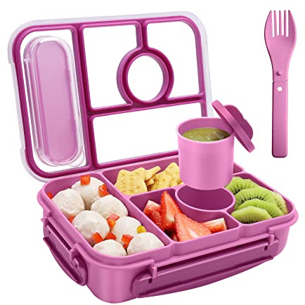 Amathley Bento Box Adult Lunch Box,Leakproof Lunch Box Kids with 1300ML-5 Compartments,Bento Box with Sauce Vontainers,Microwave & Dishwasher & Freezer (Purple)