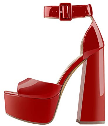 blingqueen Damen Plateau High Heels Sandaletten Peeptoe Blockabsatz Sandalen Lack Rot 43 EU