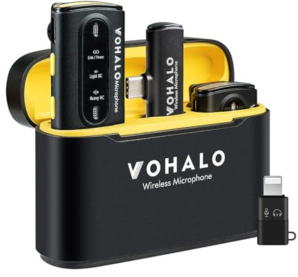 VOHALO Micrófono Lavalier inalámbrico para iPhone iPad Android con Estuche de Carga 30Hrs de Tiempo de reproducción 2.4G Dual de grabación de vídeo Profesional Entrevista