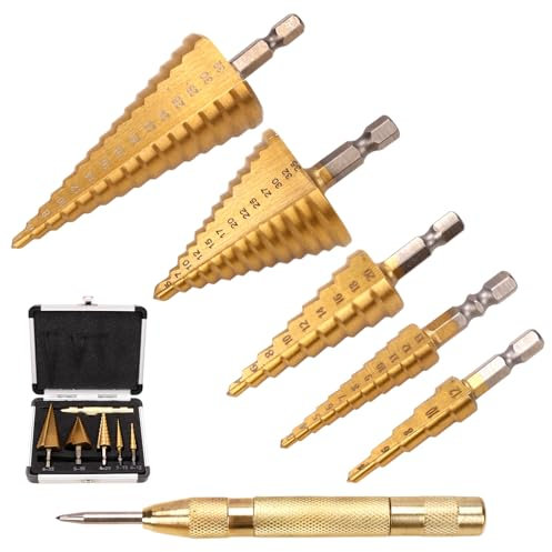 LYCXAMES HSS Stufenbohrer, 6 PCS Spiralnut Stufenbohrer Set, 5 -tlg Kegelbohrer（4-12mm/3-13mm/4-20mm/4-32mm/5-35mm）und 1 automatischer Zentralstempel 13cm, Titanbeschichtet Profi Schälbohrer